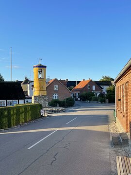 Villagescape with bell tower, Nordby, Samsoe, Jutland, Denmark