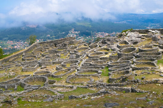Archaeological ruins of Castro of Santa Trega on hillside, A Guarda, Pontevedra, Galicia, Spain
