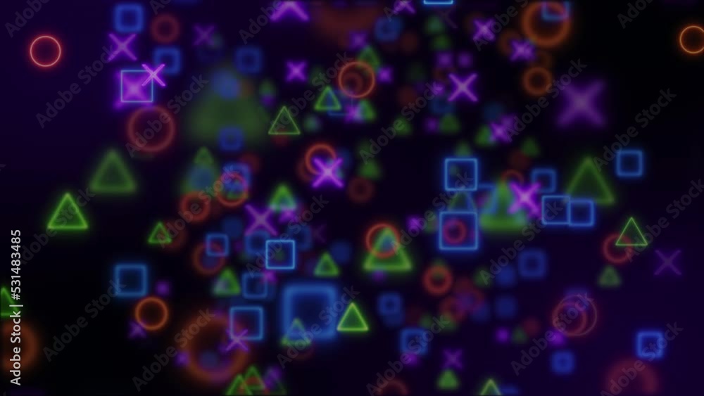 Poster geometric particle flying, circle, triangle, cross and square shape in neon style. glowing geometric