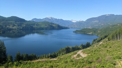 View of a lake with forestry operations