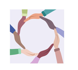 The concept of inclusion, equality and diversity. Diverse hands form a circle. Place for an inscription