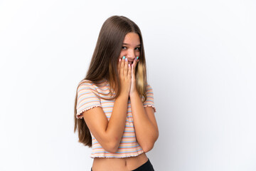 Little caucasian girl isolated on white background happy and smiling covering mouth with hands