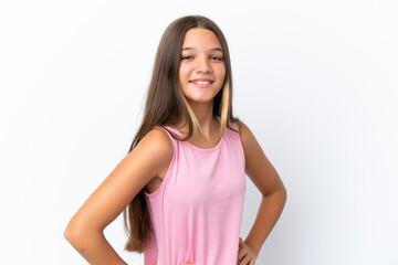 Little caucasian girl isolated on white background posing with arms at hip and smiling