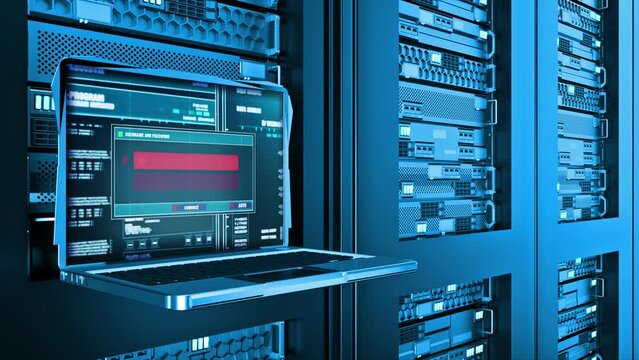 System Error Warning Error Alert Text on Computer Screen Entering Login And Password on server racks data center room Internet. concept of problem with hardware or with operating system software