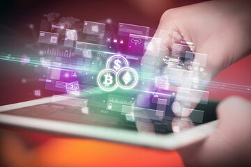 Close-up of a hand using tablet, currency concept