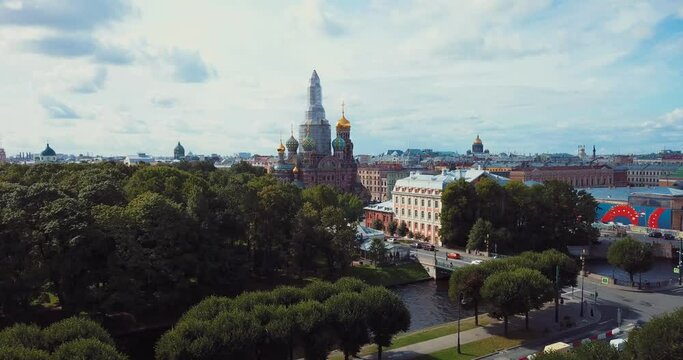 Aerial panorama of the center of St. Petersburg in summer