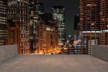 Skyscrapers Cityscape Downtown, Chicago Skyline Buildings. Beautiful Real Estate. Night time. Empty rooftop View. Success concept.