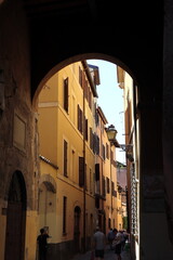 Arch with Narrow Street View with Yellow House Facades in Rome, Italy