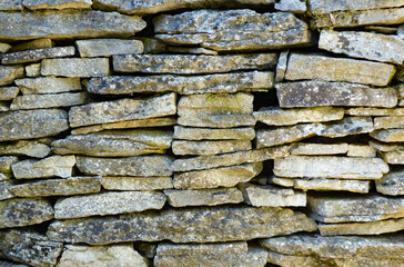 Muro de lajas de piedra con musgo y líquenes