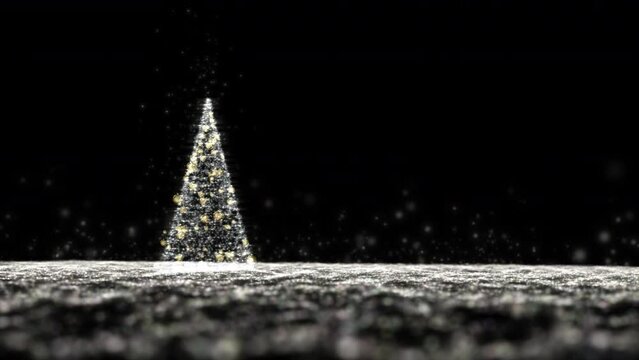 Glow white particles glittering Christmas tree on transparent isolated background. 4096x2304 px.
