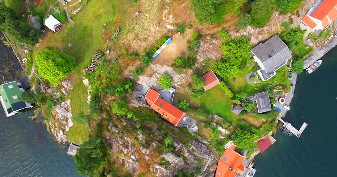 Flekkefjord Norway dream house birds eye in the island in bay fjord in Norway aerial HDR HFR footage