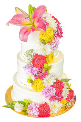 White wedding 3-tier cake decorated with fresh flowers  with the transparent png background	
