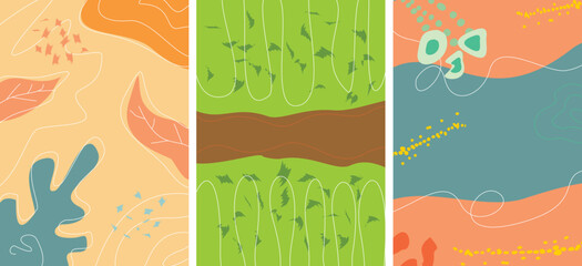 Happy stories background set, colorful and vectored. Flat and lined style with nature, geometric and other abstract elements in hand drawn style. Suitable for social media, post cards or ads.