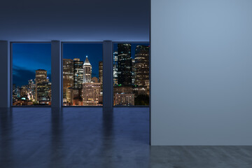 Downtown Seattle City Skyline Buildings from High Rise Window. Beautiful Expensive Real Estate overlooking. Empty room Interior. Mockup wall. Skyscrapers Cityscape. Night. USA. 3d rendering © VideoFlow