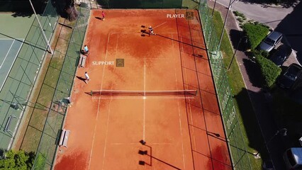 Drone aerial tennis court, futuristic tennis sport concept, augmented reality tennis match, future concept digitalization with AI data sport analysis - Powered by Adobe