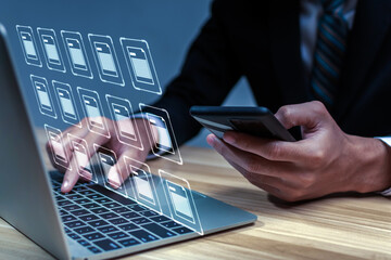 Hard Working. business people hand using mobile smart phone with virtual graphic icon diagram on desk at office, contact us, cloud computing, business finance, internet network technology concept