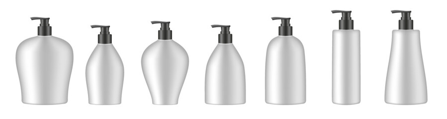 Set of white cosmetic bottles with pump. Dispenser. Liquid soap or shower gel. Professional shampoo