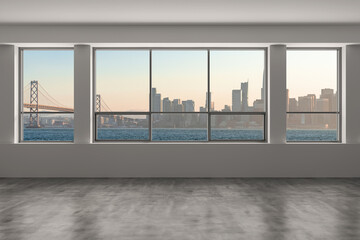 Plakat Empty room Interior Skyscrapers View Cityscape. Downtown San Francisco City Skyline Buildings from High Rise Window. Beautiful California Real Estate. Sunset. 3d rendering.