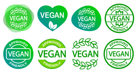 Set of vegan stamps. Plant based vegetarian food product label. Green round stamp. Logo or icon. Organic	