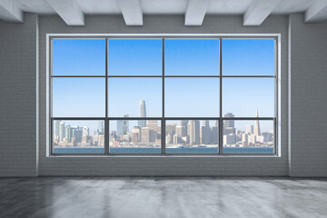 Plakat Empty room Interior Skyscrapers View Cityscape. Downtown San Francisco City Skyline Buildings from High Rise Window. Beautiful California Real Estate. Day time. 3d rendering.