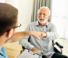 nurse doctor senior care caregiver help assistence retirement home hospital nursing man handshake...