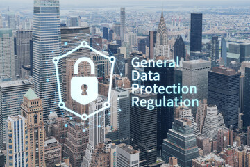 Fototapeta na wymiar Aerial panoramic city view, Upper Manhattan area, the East Side, river and Brooklyn on horizon, New York city, USA. GDPR hologram, concept of data protection regulation and privacy for all individuals