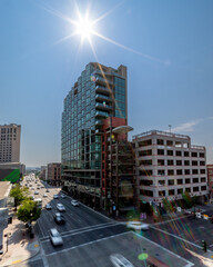 Condominium in downtown Boise with traffic and sun star