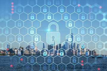 New York City skyline of Financial Downtown over the Hudson River waterfront, skyscrapers at day . Manhattan, USA. The concept of cyber security to protect confidential information, padlock hologram
