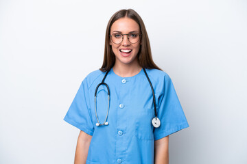 Young nurse caucasian woman isolated on white background with surprise facial expression