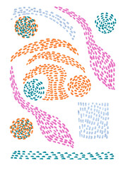 The short vertical and horizontal strokes are hand-drawn. Colored simple confetti pattern with abstract strokes and brush strokes. Dotted stripes. Dash stain grunge background for decor, textile