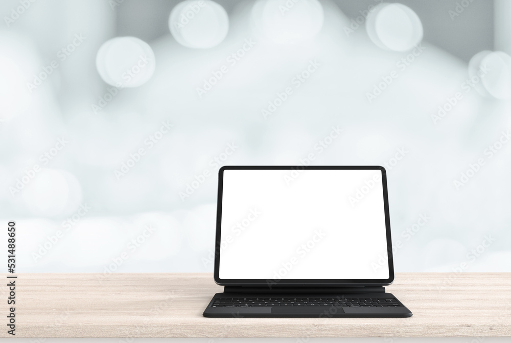 Aufkleber digital tablet mock up placed on wooden table abstract blurred interior background for backdrop desi