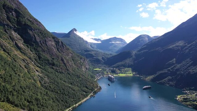 Aerial view of a picturesque fjord in Norway. Drone Aerial View of Mountain and Fjord channels.
