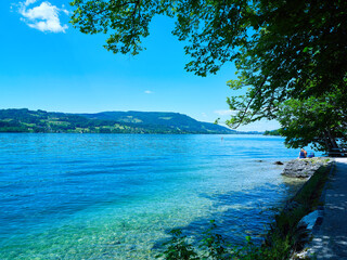 Fototapeta premium Beautiful Attersee lake landscape in Austrian Alps.