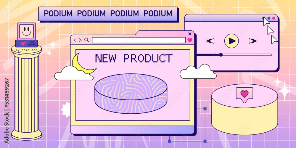 Wall mural retro browser computer window in 90s vaporwave style with podium for new product. retrowave pc deskt