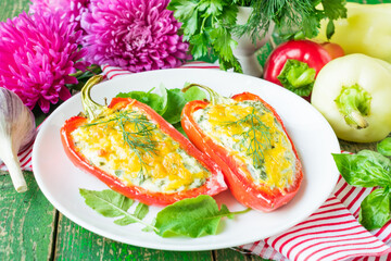 Stuffed bell pepper. Bell pepper with cottage cheese and herbs. Baked pepper stuffed with cottage cheese and herbs