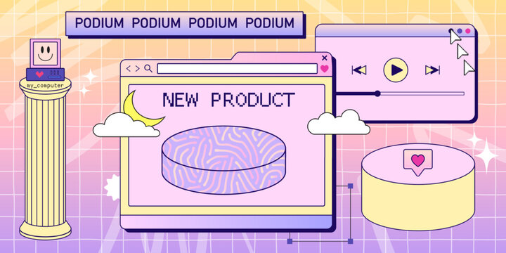 Retro Browser Computer Window In 90s Vaporwave Style With Podium For New Product. Retrowave Pc Desktop With Platform Display, Message Boxes And Popup User Interface Elements, Vector Illustration Of UI