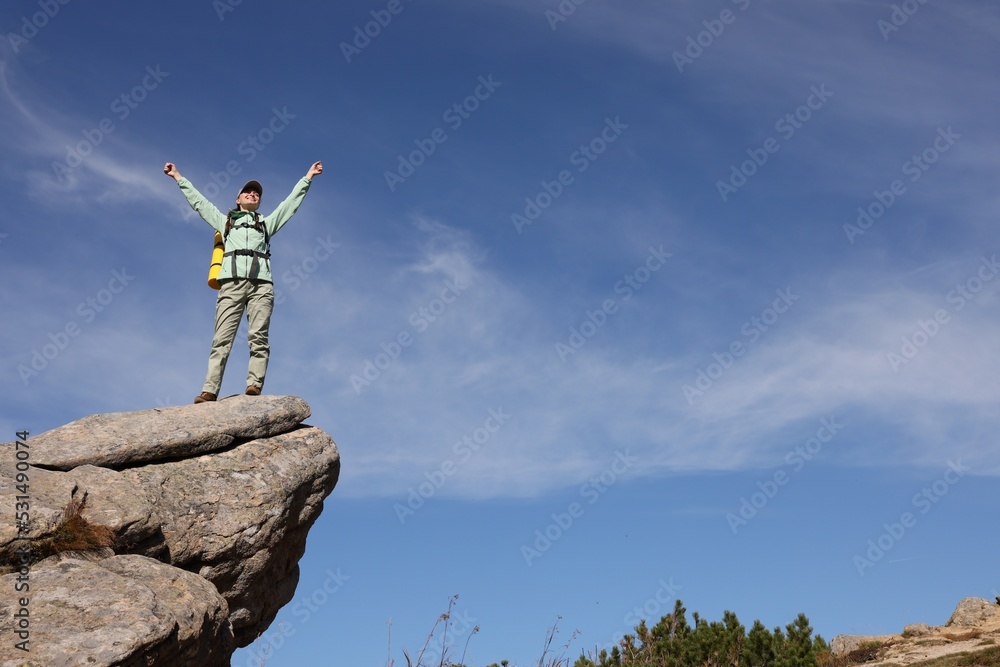 Sticker Young woman with backpack on rocky peak in mountains. Space for text