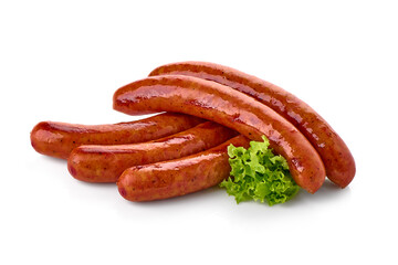 Smoked sausages, isolated on white background.