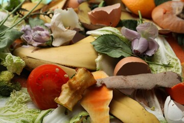 Pile of organic waste for composting as background, closeup
