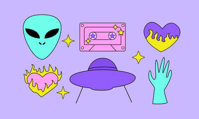 Set of cute psychedelic objects in y2k, 90s, 00s style. Alien face, hand, ufo ship, stars, cassette and flaming hearts. Retrowave concept