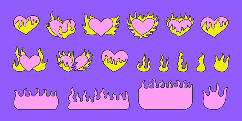Set of flaming hearts and flames in y2k, 00s, 90s style. Vector illustration ob isolated background. Retrowave psychedelic concept © Felizabeth