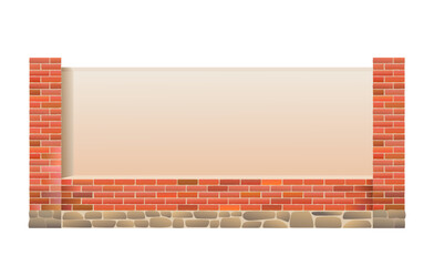 Ordinary fence. Plastered fence with brick pillars. Isolated on white background Vector.
