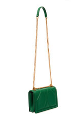 Women's green glossy Leather bag Handbag with long chain strap Isolated on White Background. Shoulder bag, cross body bag hanging. Side back view. Template, mock up