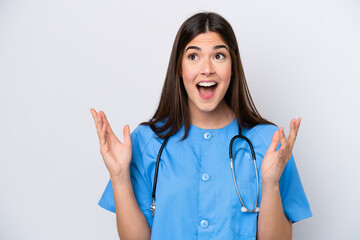 Young Brazilian nurse woman isolated on white background with surprise facial expression