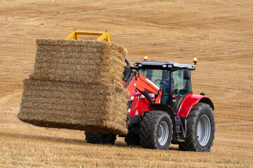 Agriculture - a tractor collecting bales of hay - obrazy, fototapety, plakaty