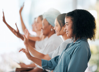 Seminar, question and hands raised with business people in conference meeting for faq, training or...