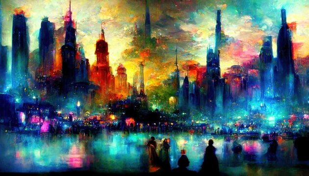 abstract oil art painting. illustration. skyscrapers. urban. city.