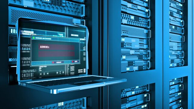 Database Hacked Warning Error Alert Text on Computer Screen Entering Login Password on server racks data center room Internet. Data cyber Terrorism, hacking cyber attacks. Software System concept