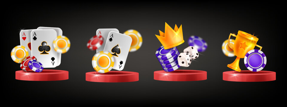 Casino poker 3D vector icon podium set, ace card, Vegas tournament banner, flying gambling chips. Online blackjack lucky illustration, realistic Texas Holdem badge. Casino poker UI clipart on white