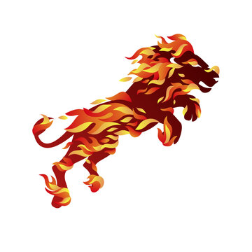Jumping lion vector icon. Running lion silhouette of burning flames